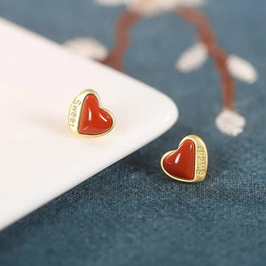ZFSILVER S925 Silver Red Agate & Turquoise Heart Earring