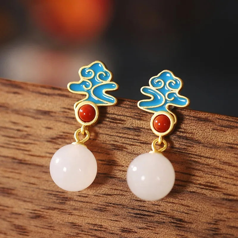 ZFSILVER S925 Silver Hetian Jade South Red Agate Earring