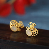 925 Silver Hetian Jade Red Agate Lucky Money Bag Earring