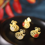 925 Silver Hetian Jade Red Agate Lucky Money Bag Earring