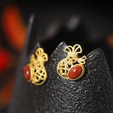 925 Silver Hetian Jade Red Agate Lucky Money Bag Earring