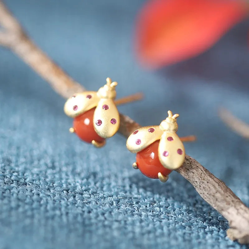 ZFSILVER S925 Silver Hetian Jade South Red Agate Insect Ladybug Earrings