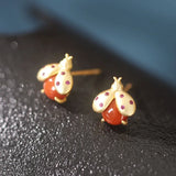 ZFSILVER S925 Silver Hetian Jade South Red Agate Insect Ladybug Earrings