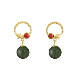 925 Silver Hetian Jade South Red Agate Dolphin Earrings