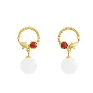 925 Silver Hetian Jade South Red Agate Dolphin Earrings