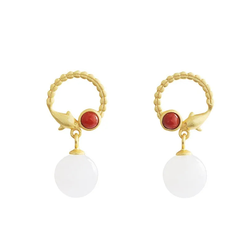 925 Silver Hetian Jade South Red Agate Dolphin Earrings