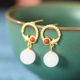 925 Silver Hetian Jade South Red Agate Dolphin Earrings
