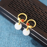 925 Silver Hetian Jade South Red Agate Dolphin Earrings