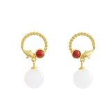 925 Silver Hetian Jade South Red Agate Dolphin Earrings