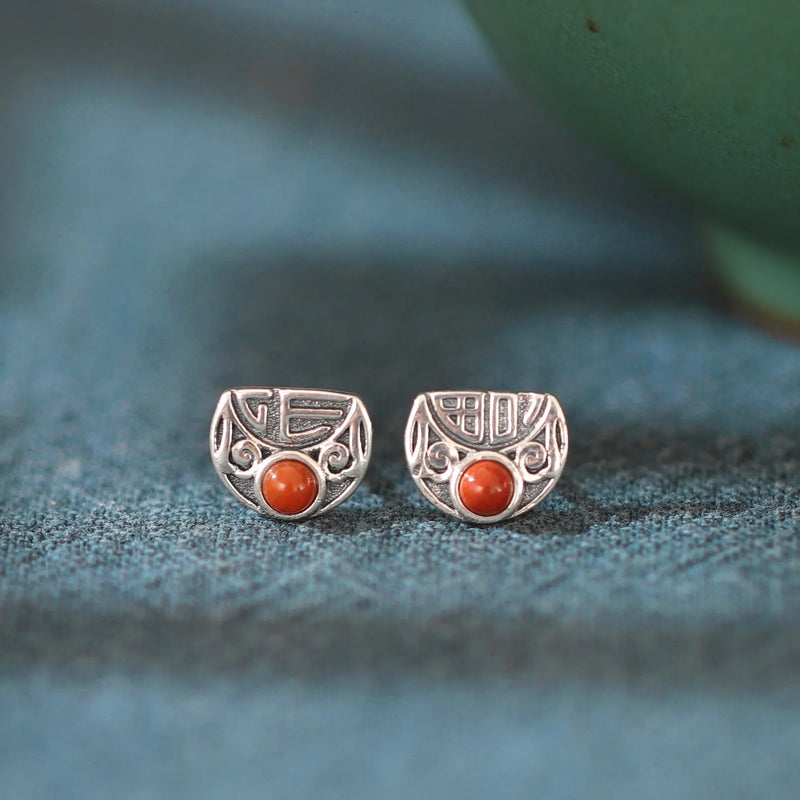 Thai Silver Moon Red Agate Happy Earrings