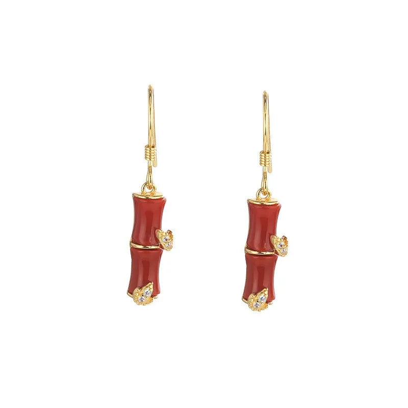 ZFSILVER S925 Silver Round Hetian Jade South Red Agate Opal Bamboo Earrings