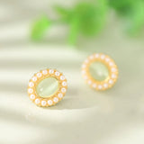ZFSILVER 925 Silver Green Opal Oval Earrings for Women
