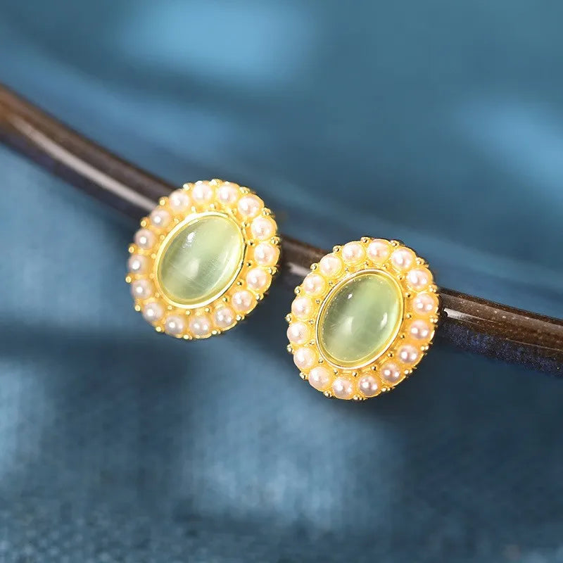 ZFSILVER 925 Silver Green Opal Oval Earrings for Women