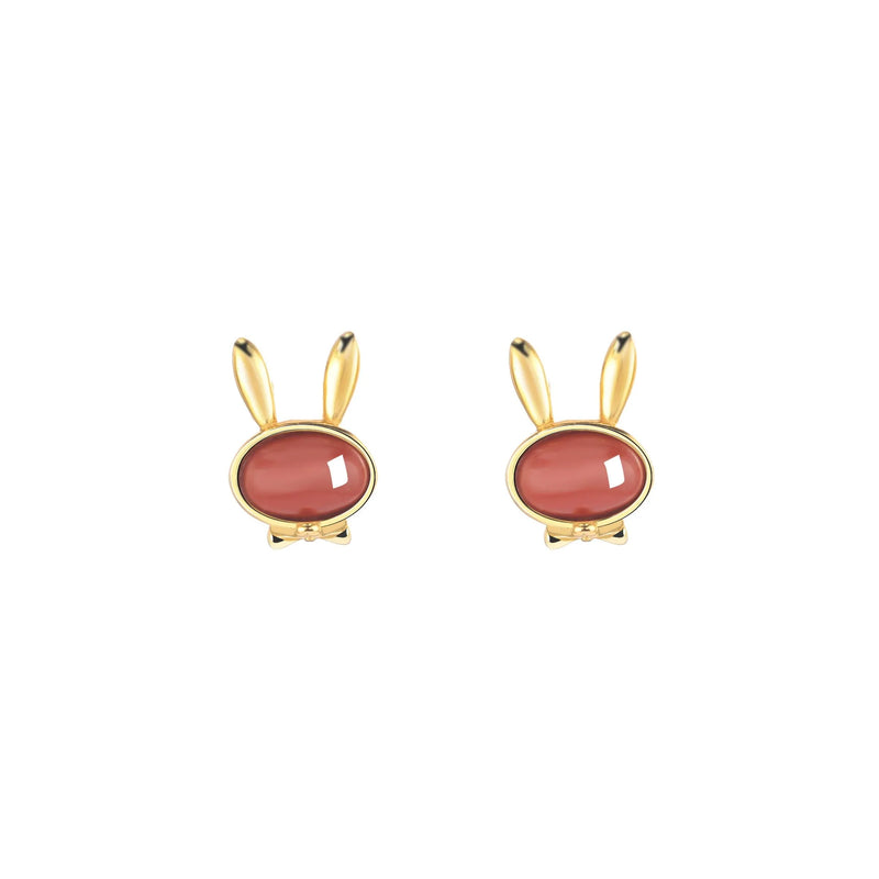 ZFSILVER S925 Silver Hetian Jade Red Agate Rabbit Earrings