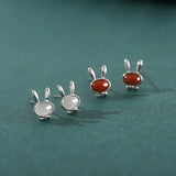 ZFSILVER S925 Silver Hetian Jade Red Agate Rabbit Earrings