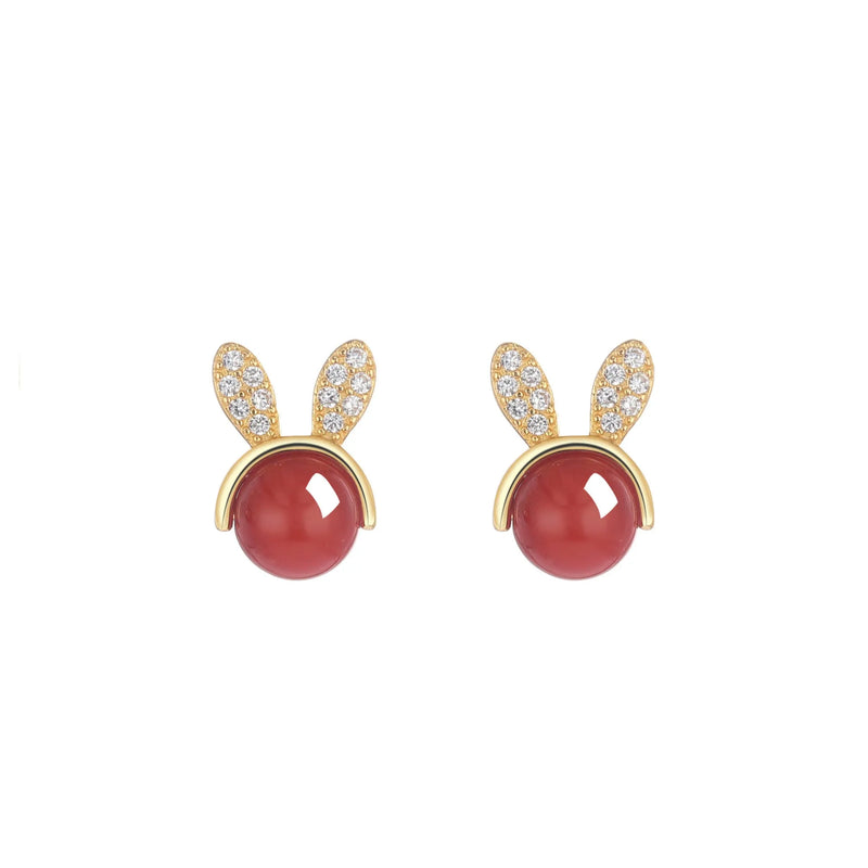 ZFSILVER S925 Silver Red Agate Rabbit Earrings for Women