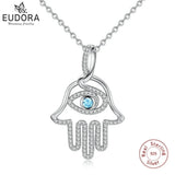 925 Silver Hamsa Hand & Evil Eye CZ Pendant Necklace Good Luck Charm