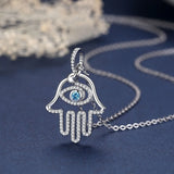 925 Silver Hamsa Hand & Evil Eye CZ Pendant Necklace Good Luck Charm
