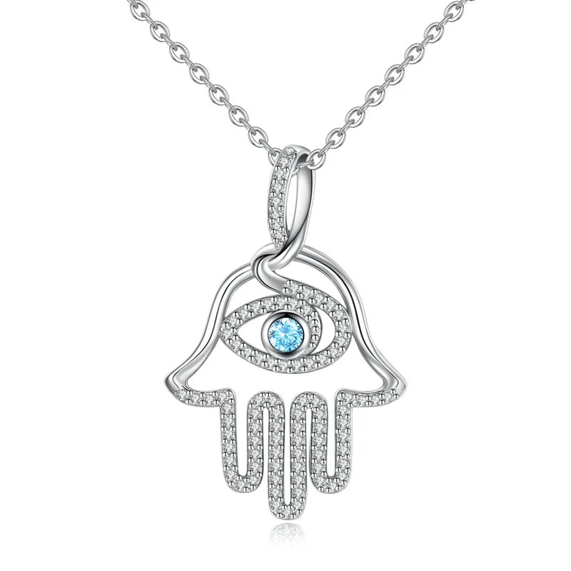 925 Silver Hamsa Hand & Evil Eye CZ Pendant Necklace Good Luck Charm