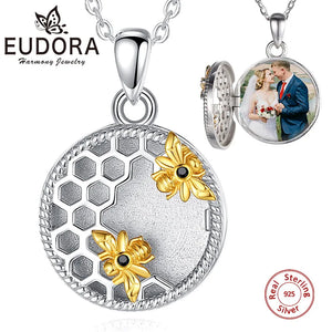 925 Silver Bee Honeycomb Photo Frame Locket Necklace Memorial Jewelry