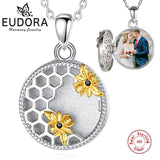 925 Silver Bee Honeycomb Photo Frame Locket Necklace Memorial Jewelry