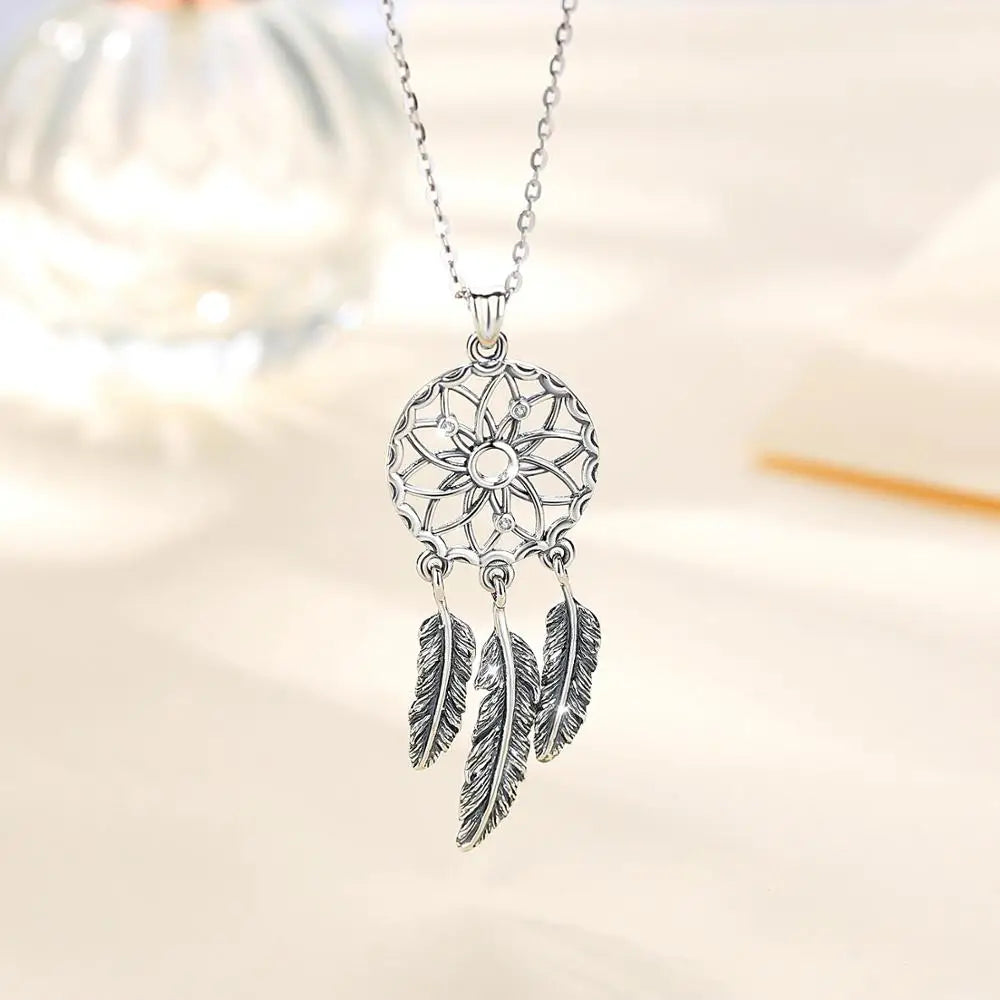 925 Silver Dream Catcher Pendant Necklace with Feather Tassels