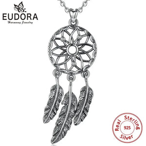 925 Silver Dream Catcher Pendant Necklace with Feather Tassels
