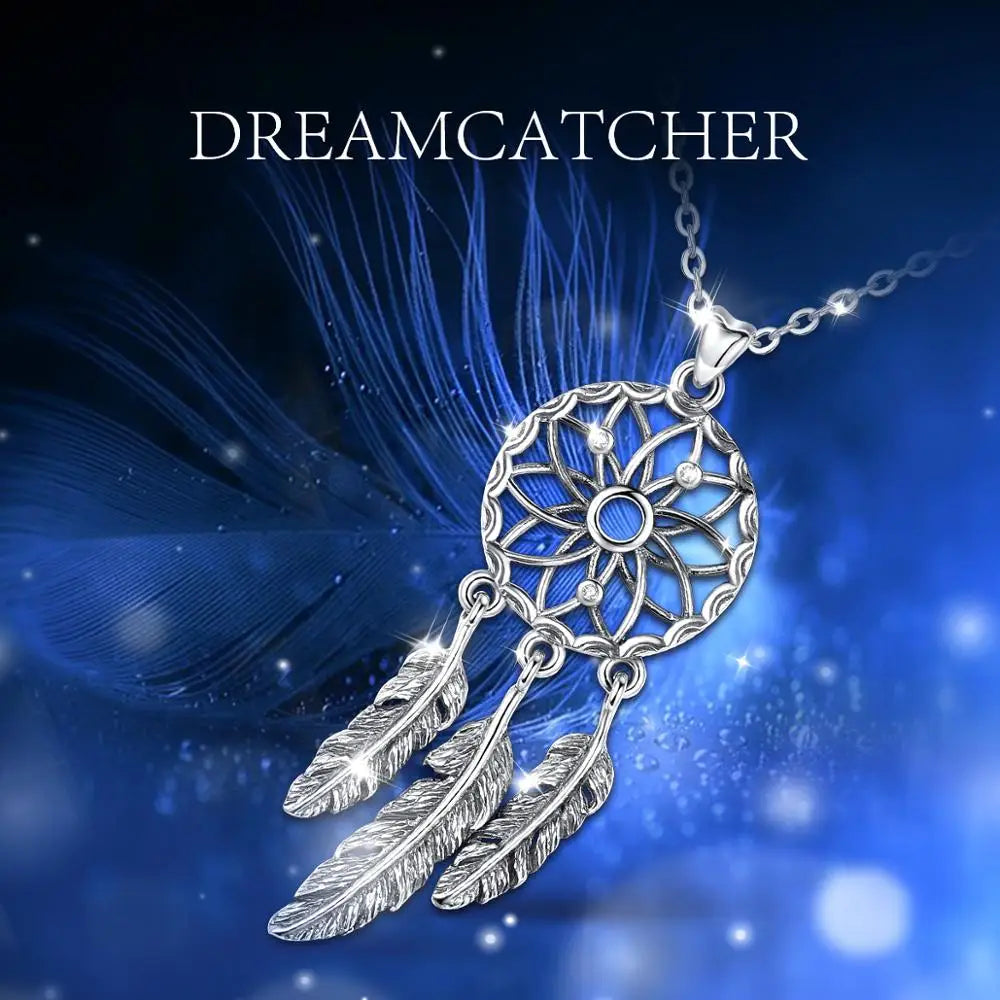 925 Silver Dream Catcher Pendant Necklace with Feather Tassels