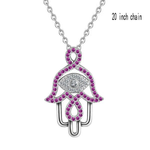 925 Silver Evil Eye Hamsa Hand Pendant Necklace Purple CZ Angel Caller