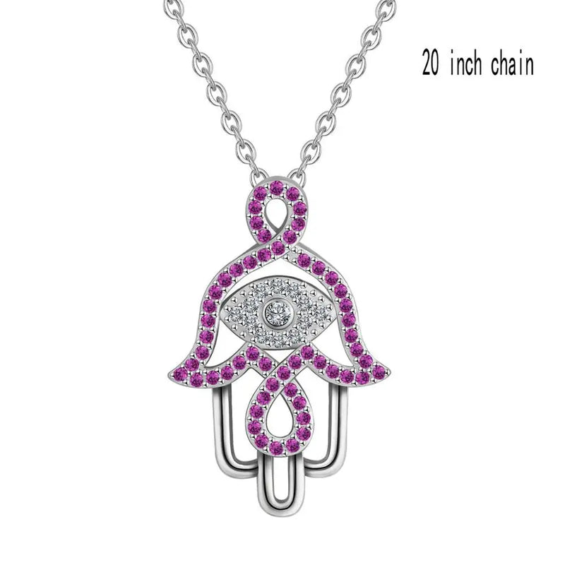 925 Silver Evil Eye Hamsa Hand Pendant Necklace Purple CZ Angel Caller