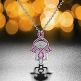 925 Silver Evil Eye Hamsa Hand Pendant Necklace Purple CZ Angel Caller