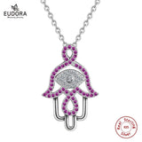 925 Silver Evil Eye Hamsa Hand Pendant Necklace Purple CZ Angel Caller