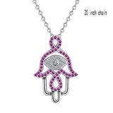 925 Silver Evil Eye Hamsa Hand Pendant Necklace Purple CZ Angel Caller