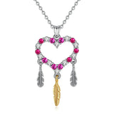 925 Silver Heart Pendant Necklace Purple CZ Feather Charm Fine Jewelry