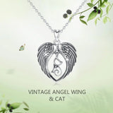 925 Silver Cat & Angel Wing Heart Pendant Necklace Vintage Jewelry