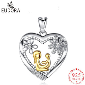925 Silver Necklace Mom Hold Child Pendant Fine Jewelry Women Mother Heart Charm