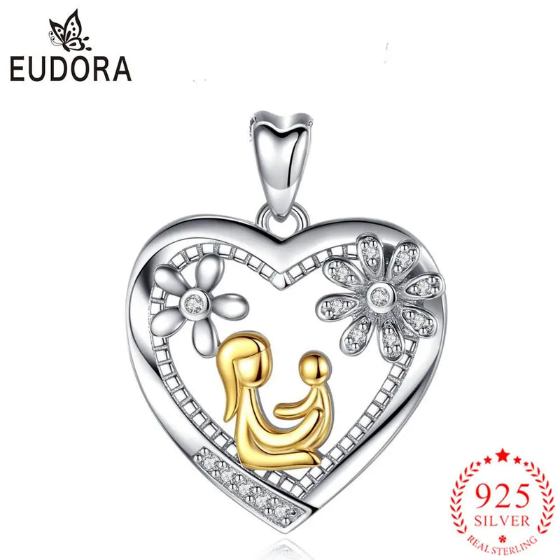 925 Silver Necklace Mom Hold Child Pendant Fine Jewelry Women Mother Heart Charm