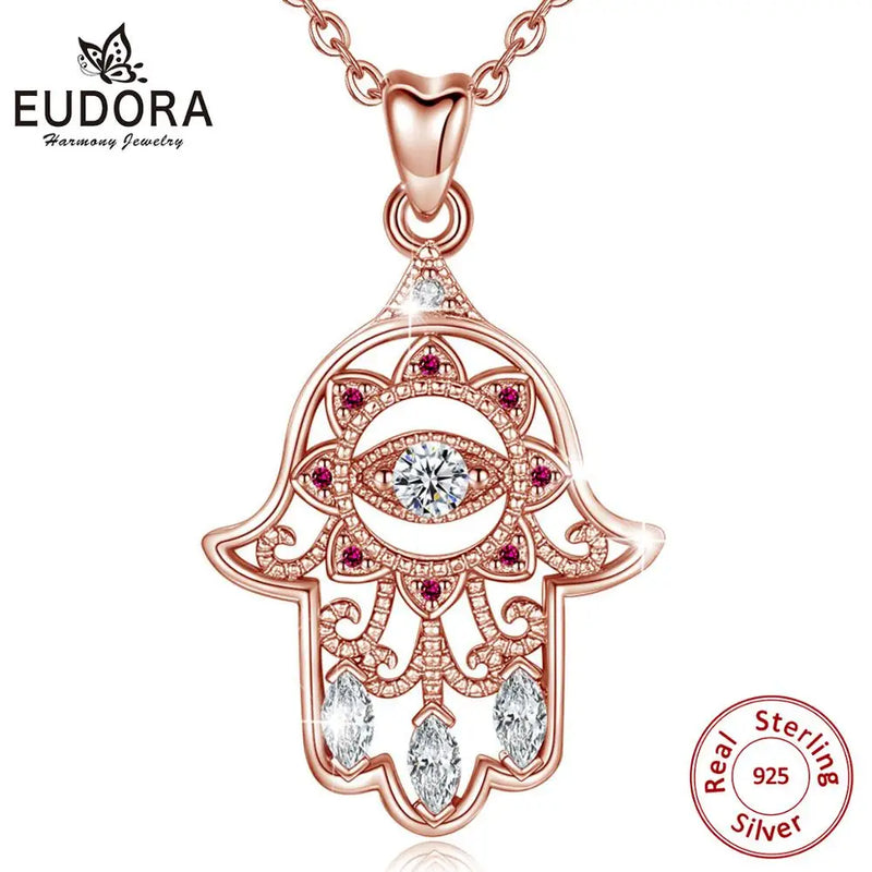 925 Silver Rose Evil Eye Hamsa Hand Pendant Necklace for Women
