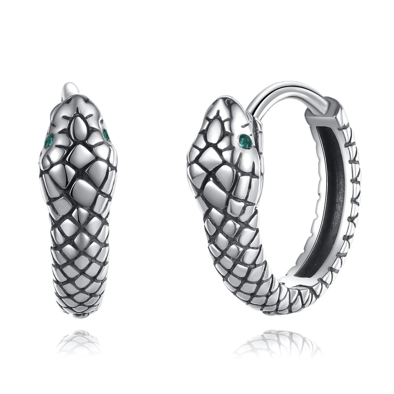 925 Silver Snake Ear Buckles Green Zircon Hoop Earrings Women Statement Jewelry