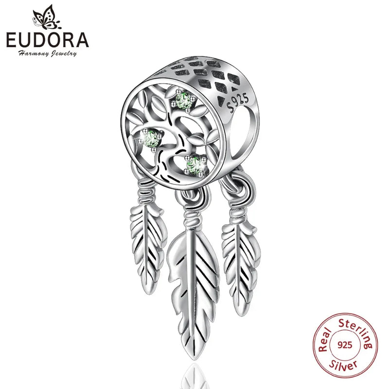925 Silver Dream Catcher Charm Green CZ Beads Fits Bracelets CYZ059