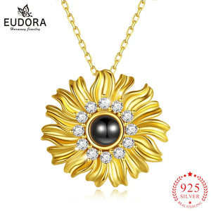925 Silver Sunflower Pendant Necklace with I Love You 100 Language Message
