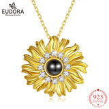 925 Silver Sunflower Pendant Necklace with I Love You 100 Language Message