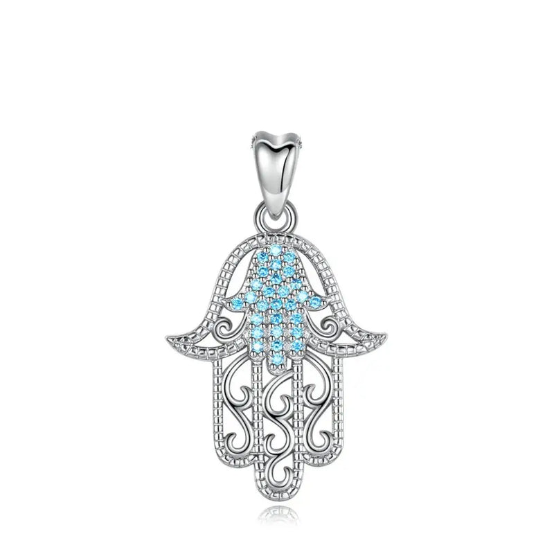 925 Silver Hamsa Hand of Fatima Pendant Necklace CZ Charm Jewelry