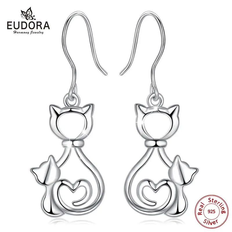 925 Silver Cat Kitten Pussy Girls Drop Earrings in Box E108