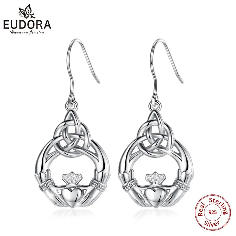 925 Silver Claddagh Celtics Knot Drop Earrings Crown & Heart Dangles