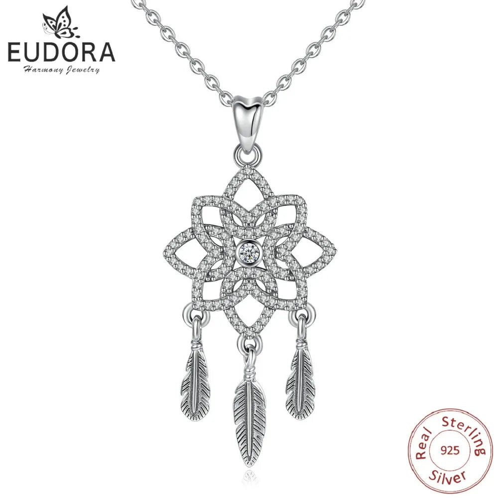 925 Silver Clear CZ & Feather Dream Catcher Pendants Vintage Flower Jewelry
