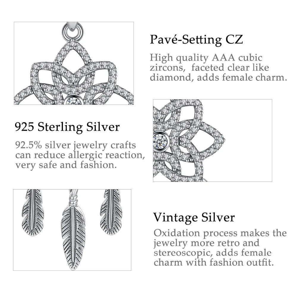 925 Silver Clear CZ & Feather Dream Catcher Pendants Vintage Flower Jewelry