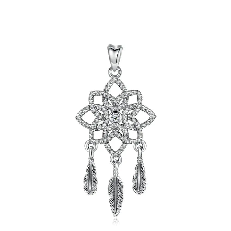 925 Silver Clear CZ & Feather Dream Catcher Pendants Vintage Flower Jewelry