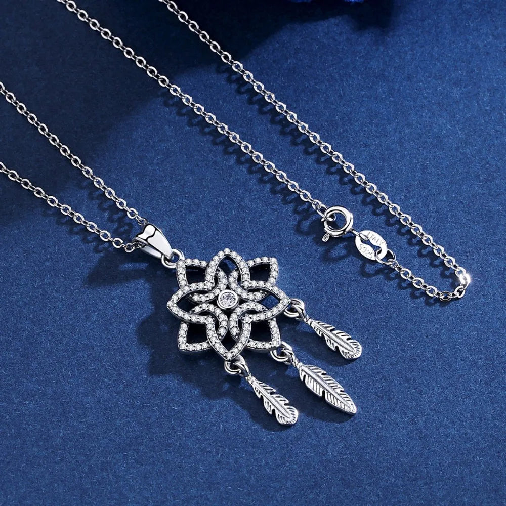 925 Silver Clear CZ & Feather Dream Catcher Pendants Vintage Flower Jewelry