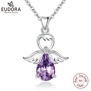 925 Silver Purple CZ Angel Caller Pendant Necklace Link Chain Women CYD144